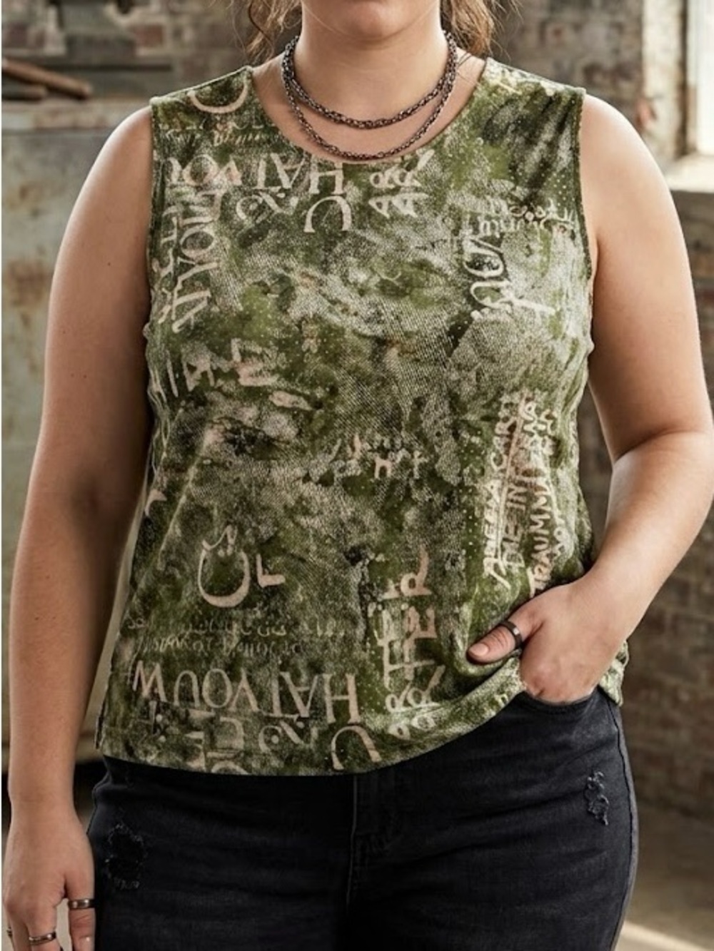 Picadilly Fashions Olive Green Graphic Graffiti Sequin Tank Top Edgy Artsy